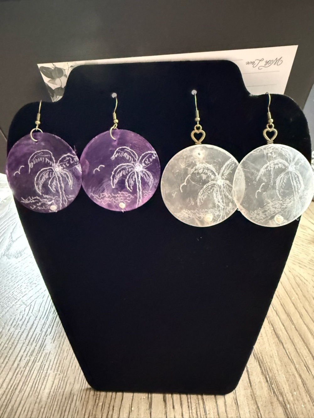 Handcrafted capiz shell engraved Beach Scene hypoallergenic Earrings 2 pair